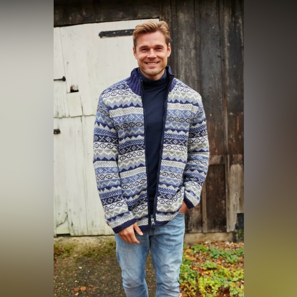 {Pachamama} Classic Fairisle Wool Hand Knit fleece lining Cardigan Jacket